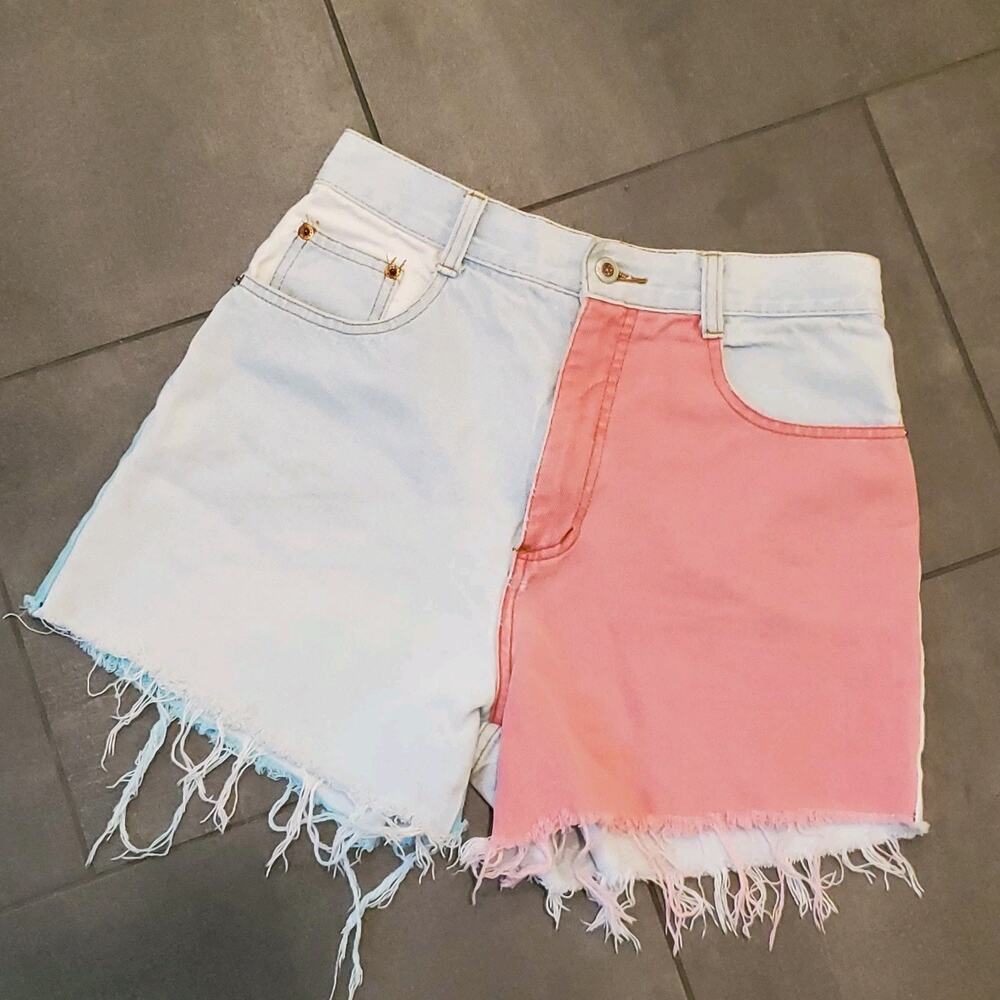 Vintage 80s 90s STEEL Colorblock Jean Shorts Sz 11 Denim Made USA Raw Edge